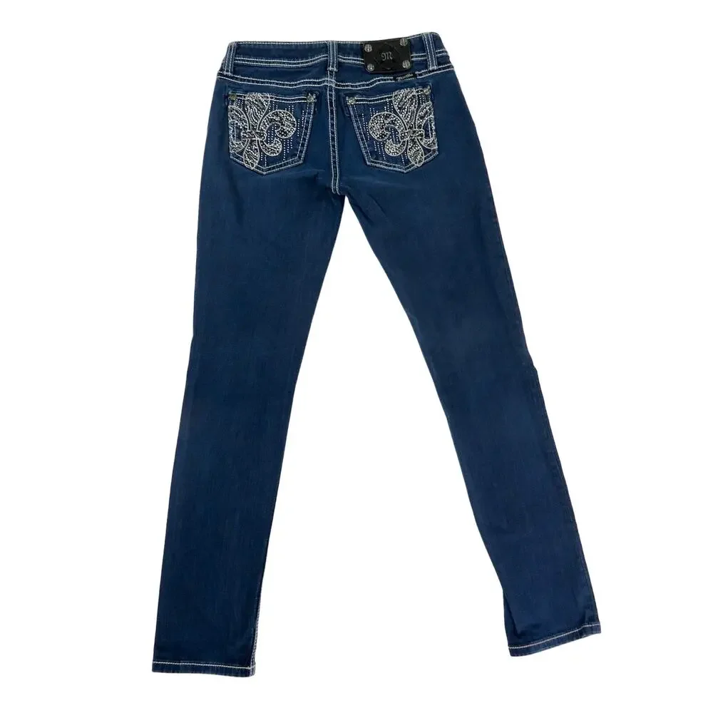 Miss Me Easy Skinny Jeans Fleur De Lis Bling Rhinestone Pocket Jeans Size 26